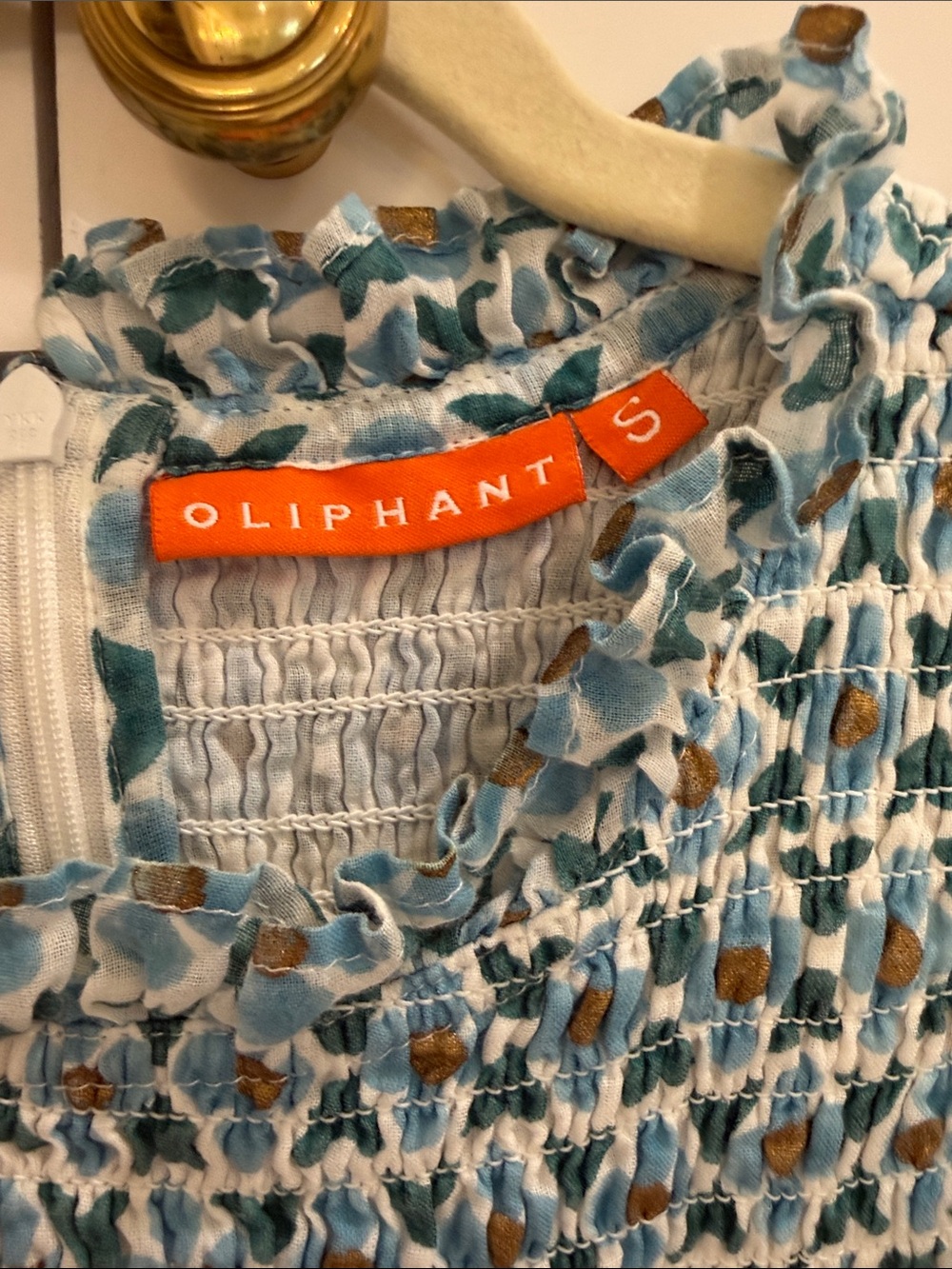 Oliphant Aqua/Blue/Teal/White Smocked Flutter Sleeve Dress w/ Metallic Accents - Picture 2 of 5